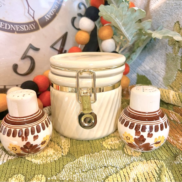 Vintage Stoneware Latched Canister With Set of Two Mid Mod Retro Salt and Pepper - Picture 1 of 8